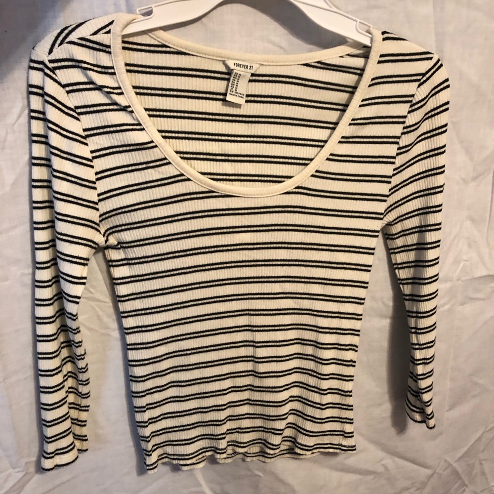 Black and off-white striped long sleeve top